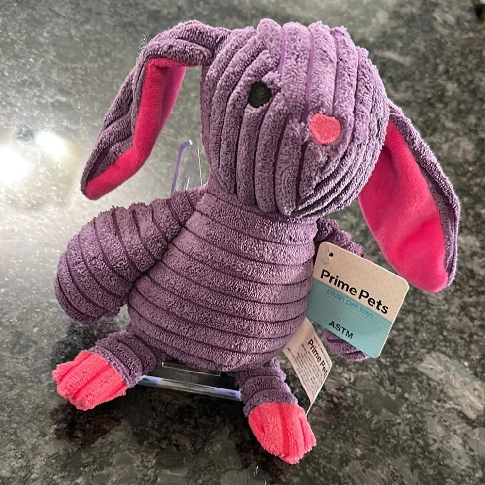 Prime Pets Dog Toy Adorable Plush Bunny Squeaky Purple & Pink NWT 11” x 8”